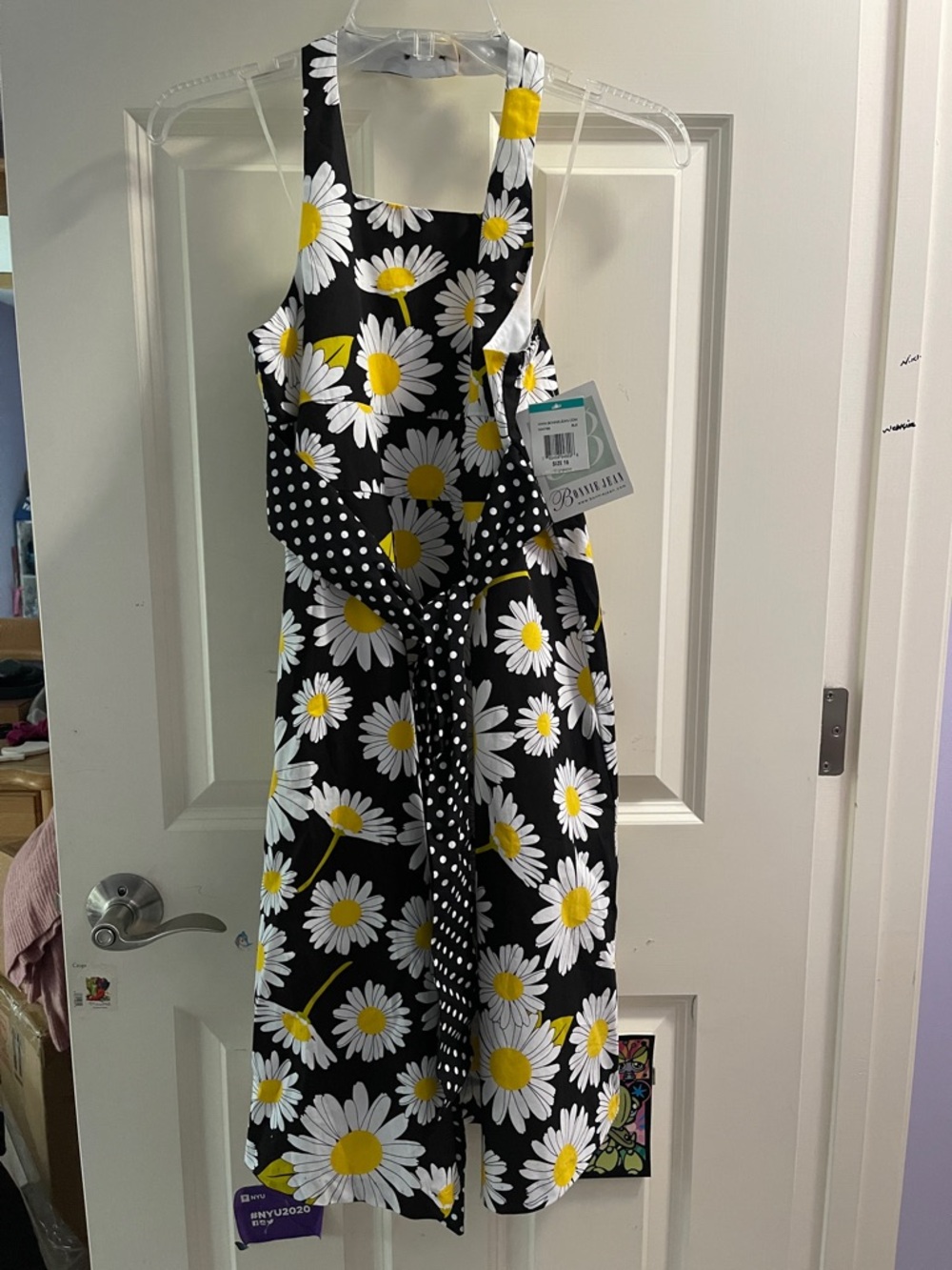 Black Daisy Print halter dress  with Polka Dot Tie. Size 16 NWT